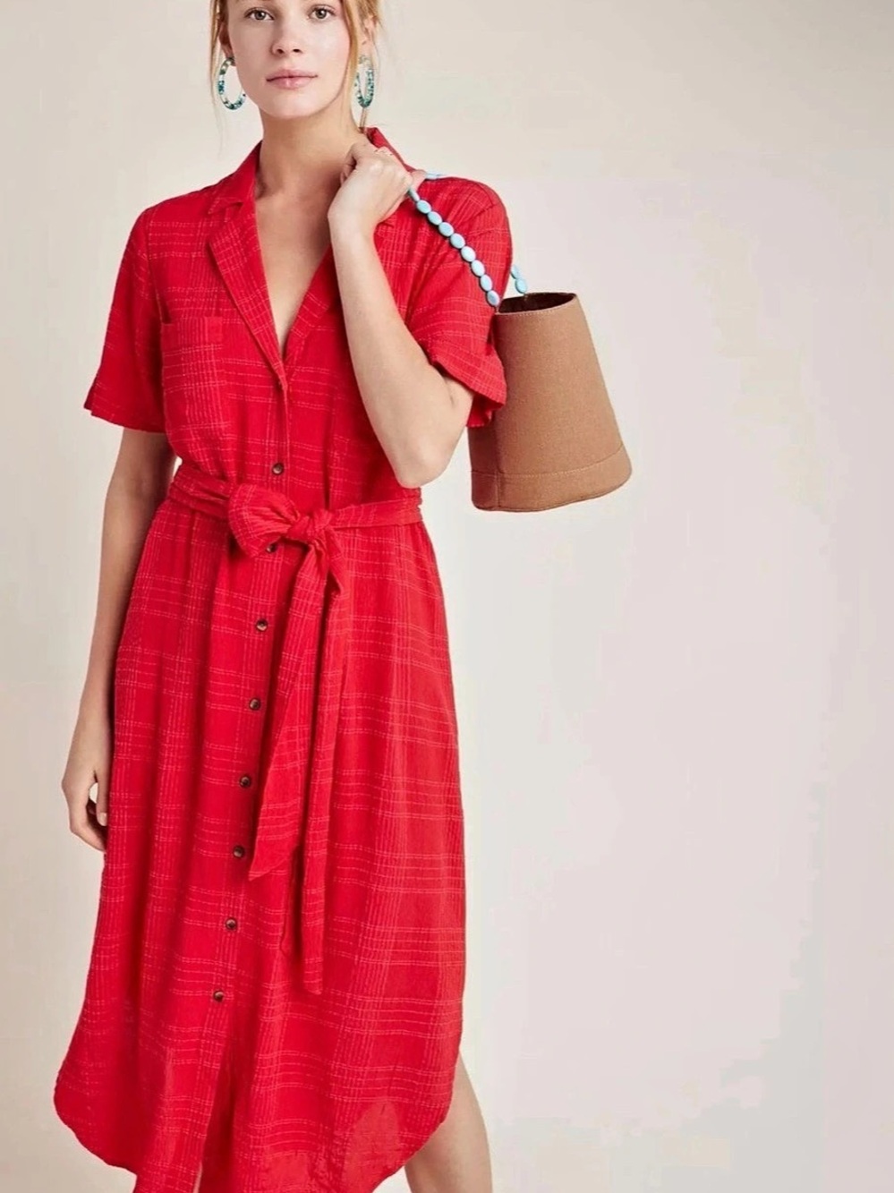 ANTHROPOLOGIE MAEVE Red βAriaβ Textured Midi Shirt Dress Sz XS